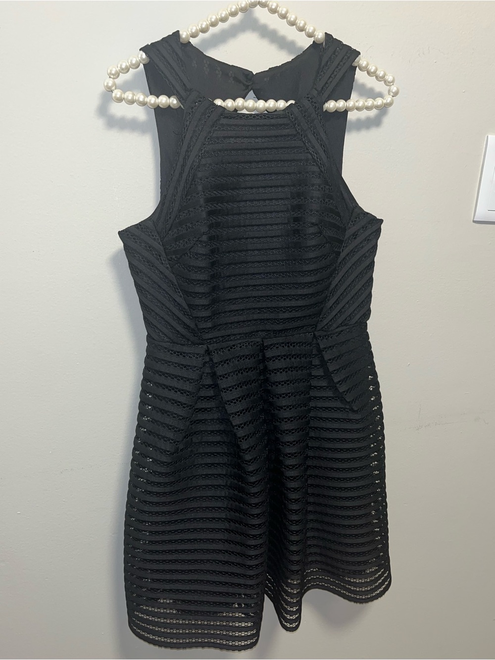 She + Sky Black Mesh Stripe Halter Fit & Flare Cocktail Dress Size Medium